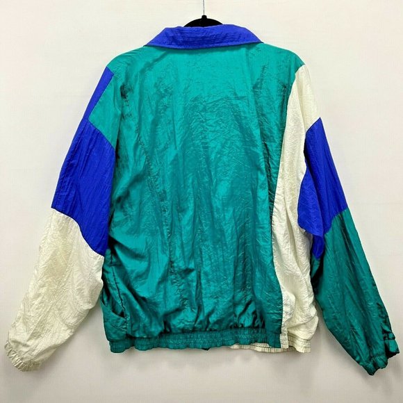 Vintage Retro 1990s Full Zip Nylon Green Blue Windbreaker Track Jacket Size XL - Picture 2 of 9